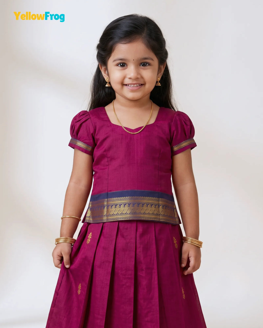 Girls Kalyani Cotton Pattu Pavadai Set - Magenta Navy PPP2165
