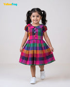 Girls Madras Check Pure Cotton Dress - Multicolor Peter Pan Collar CF444