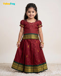 Girls Kalyani Cotton Pattu Pavadai Set - Maroon Green Puff Sleeve Top PPP2162