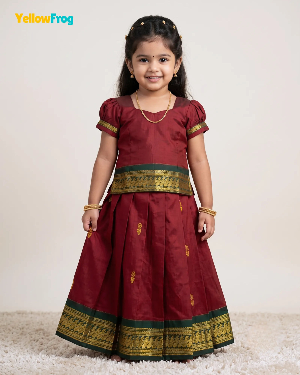 Girls Kalyani Cotton Pattu Pavadai Set - Maroon Green Puff Sleeve Top PPP2162