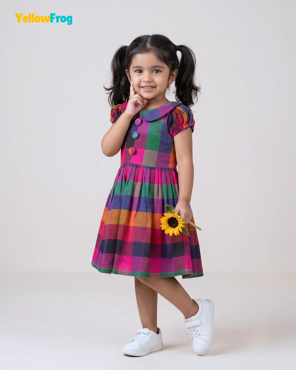 Girls Madras Check Pure Cotton Dress - Multicolor Peter Pan Collar CF444