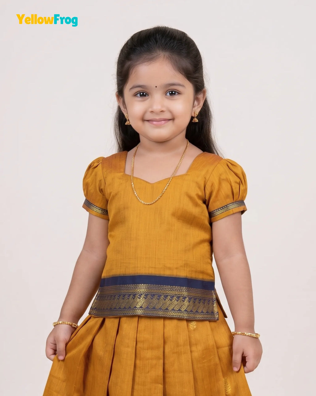 Girls Kalyani Cotton Pattu Pavadai Set - Mustard Navy Puff Sleeve Skirt Top PPP2150