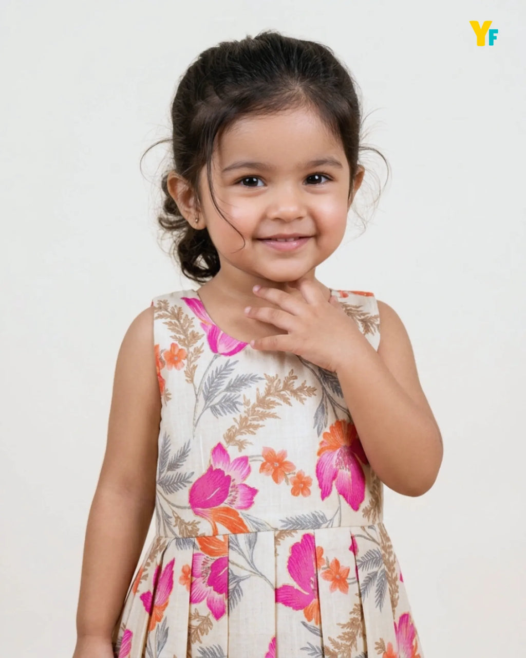 Girls Pure Cotton Sleeveless Fit & Flare Dress - Pink & Orange Floral Pleated Frock CF439