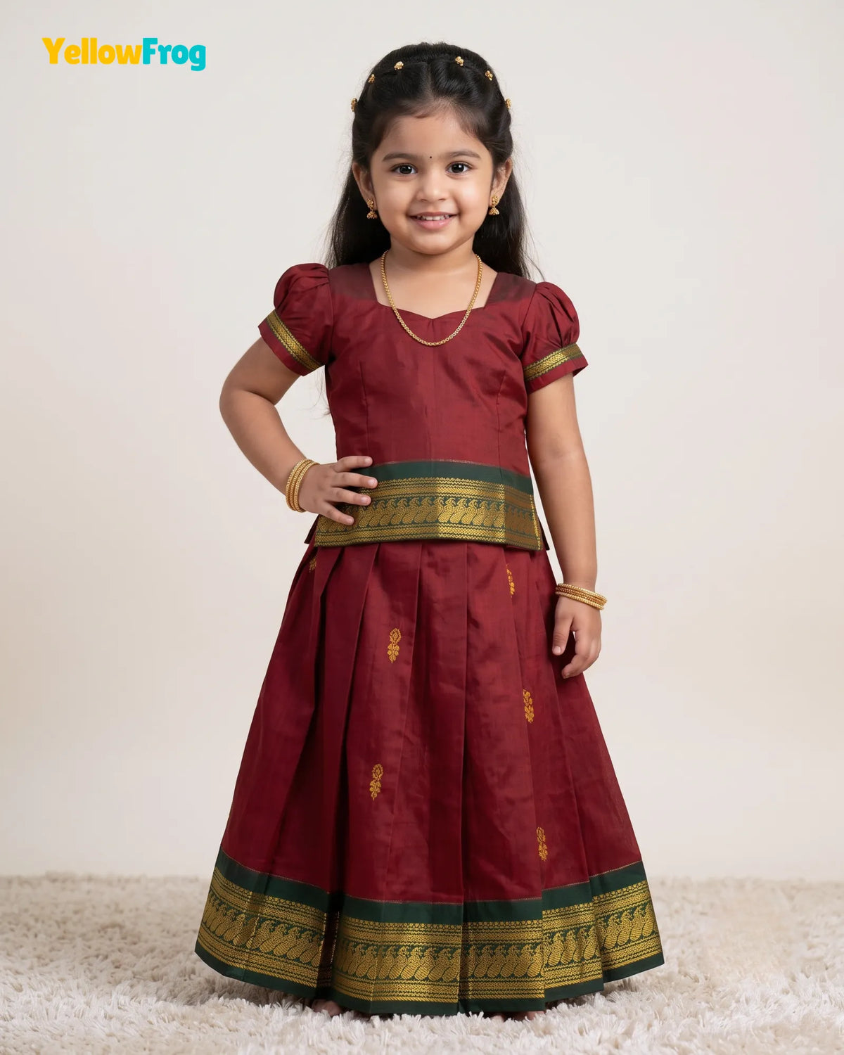 Girls Kalyani Cotton Pattu Pavadai Set - Maroon Green Puff Sleeve Top PPP2162