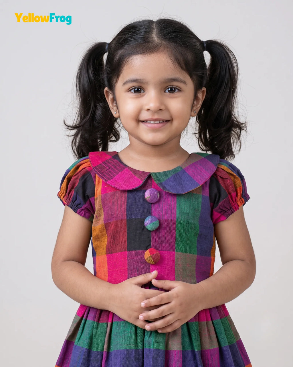 Girls Madras Check Pure Cotton Dress - Multicolor Peter Pan Collar CF444