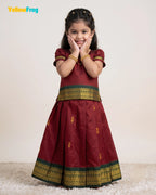 Girls Kalyani Cotton Pattu Pavadai Set - Maroon Green Puff Sleeve Top PPP2162