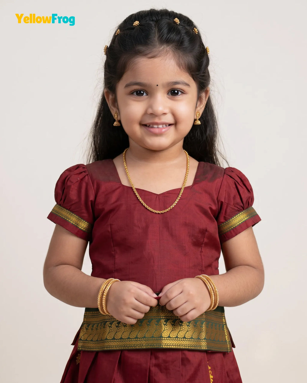 Girls Kalyani Cotton Pattu Pavadai Set - Maroon Green Puff Sleeve Top PPP2162