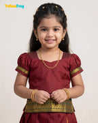 Girls Kalyani Cotton Pattu Pavadai Set - Maroon Green Puff Sleeve Top PPP2162