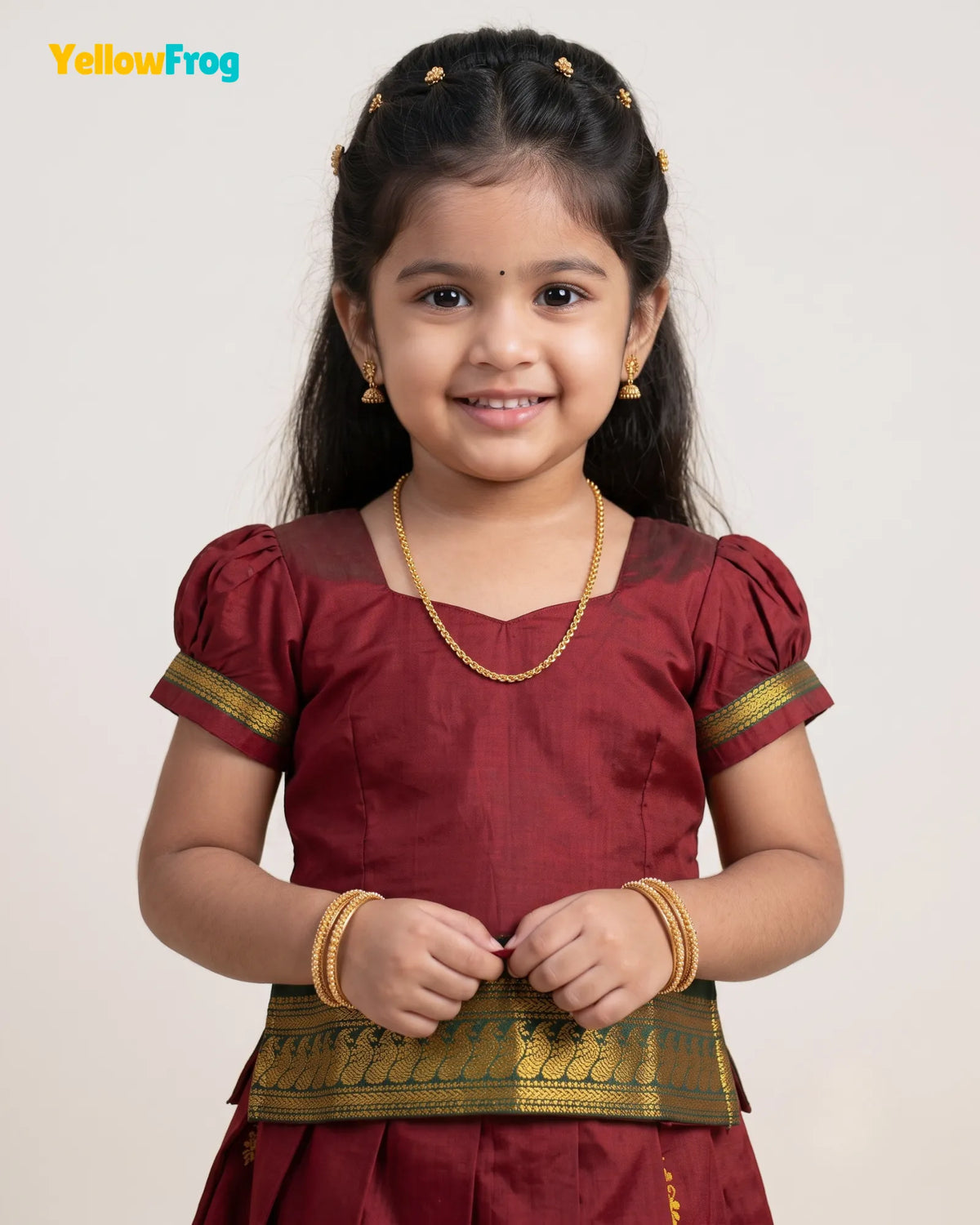 Girls Kalyani Cotton Pattu Pavadai Set - Maroon Green Puff Sleeve Top PPP2162