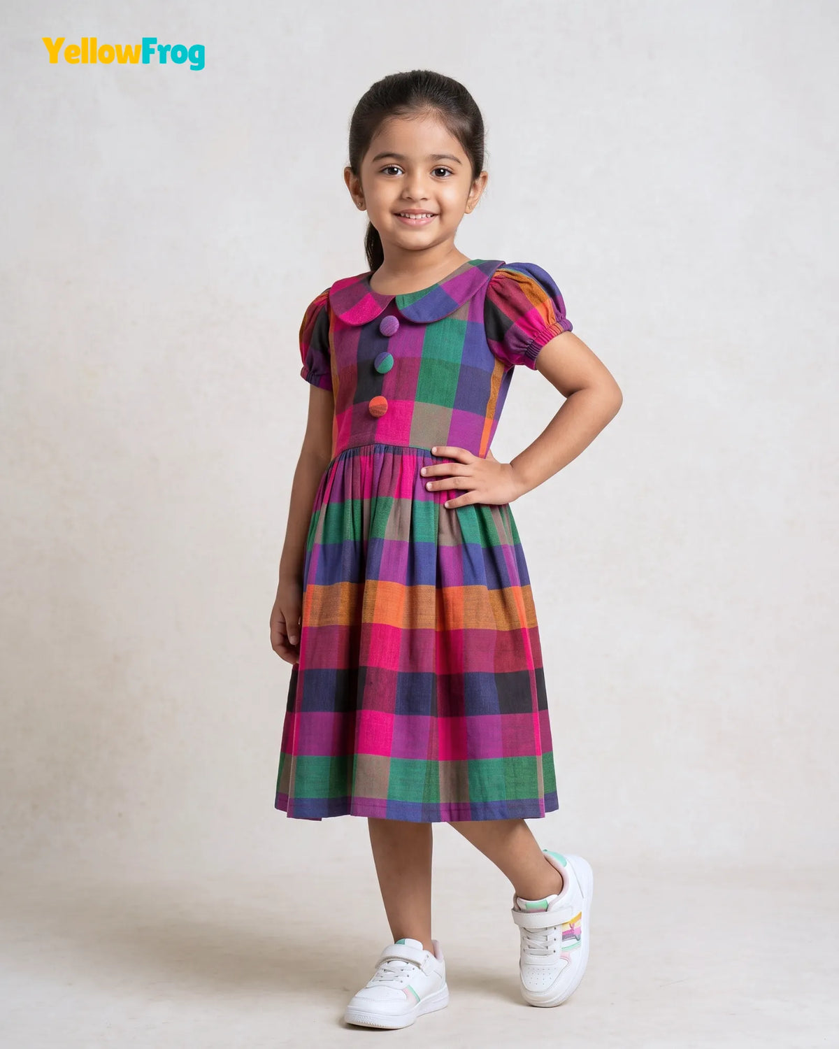 Girls Madras Check Pure Cotton Dress - Multicolor Peter Pan Collar CF444