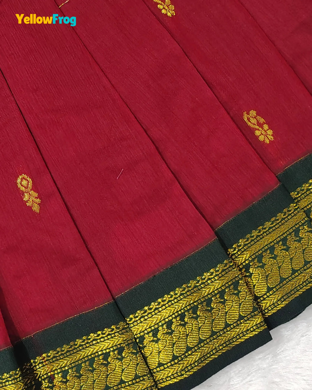 Girls Kalyani Cotton Pattu Pavadai Set - Maroon Green Puff Sleeve Top PPP2162