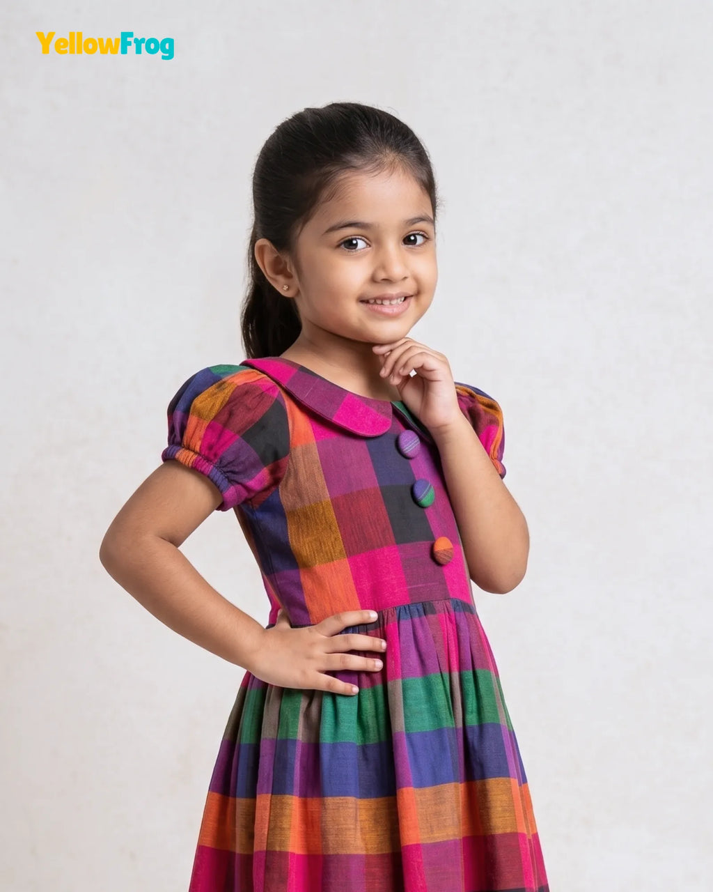 Girls Madras Check Pure Cotton Dress - Multicolor Peter Pan Collar CF444