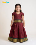 Girls Kalyani Cotton Pattu Pavadai Set - Deep Maroon Green PPP2164