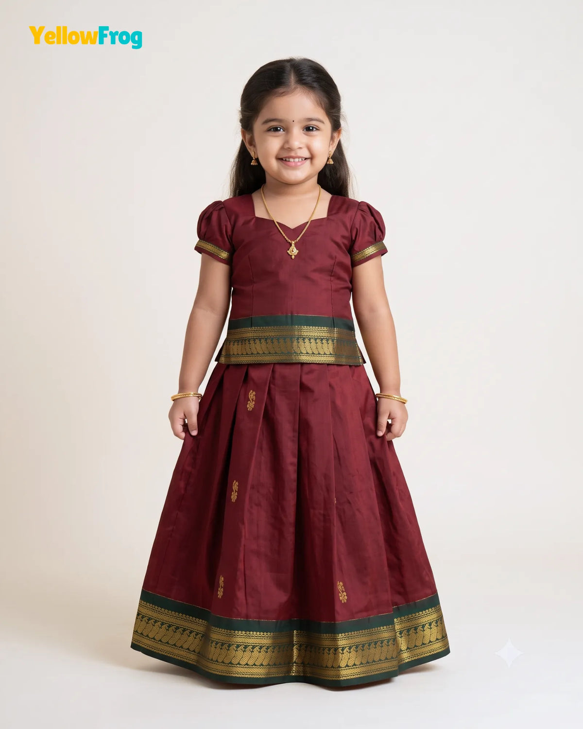 Girls Kalyani Cotton Pattu Pavadai Set - Deep Maroon Green PPP2164