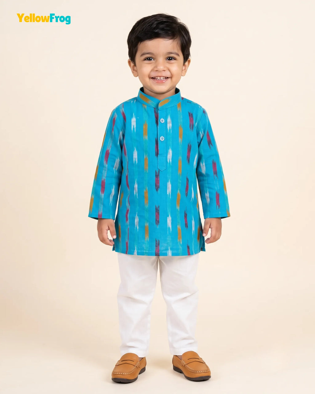 Boys Pure Cotton Ikkat Kurta Pyjama Set - Blue Ikkat KP232