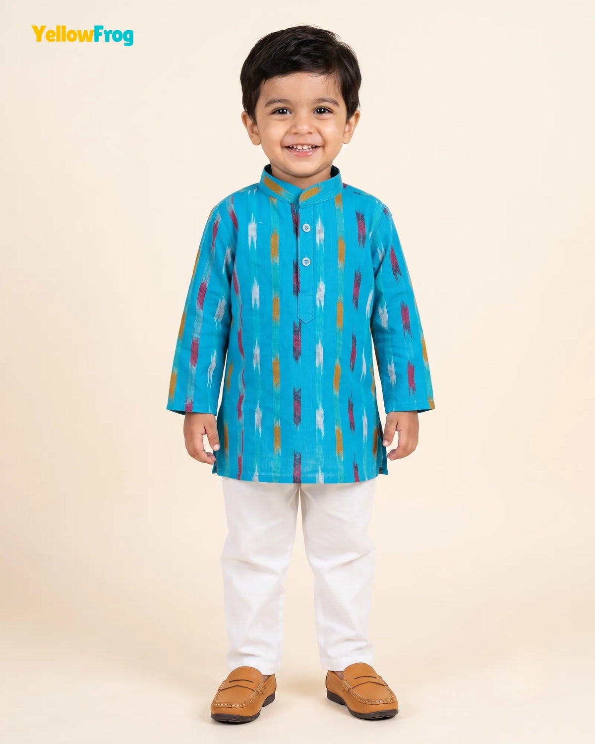 Boys Pure Cotton Ikkat Kurta Pyjama Set - Blue Ikkat KP232