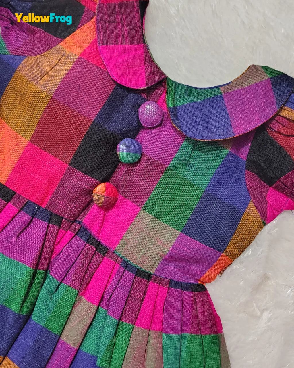 Girls Madras Check Pure Cotton Dress - Multicolor Peter Pan Collar CF444