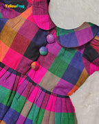 Girls Madras Check Pure Cotton Dress - Multicolor Peter Pan Collar CF444