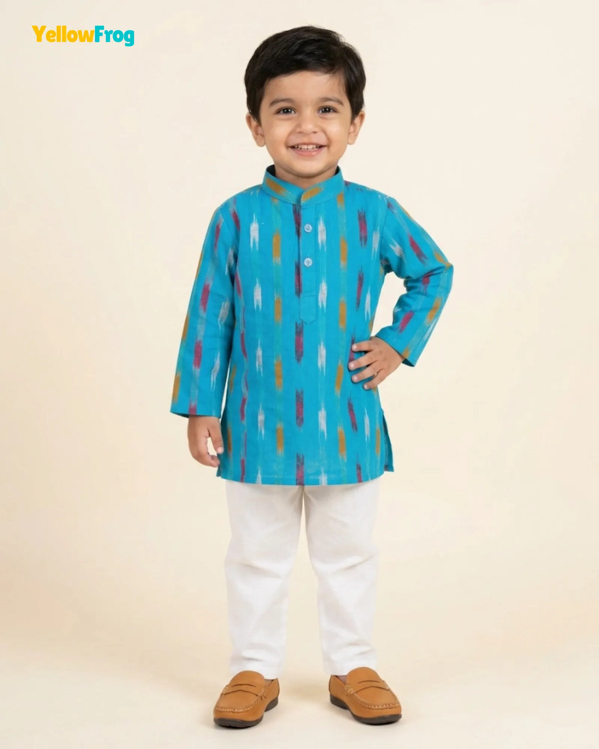 Boys Pure Cotton Ikkat Kurta Pyjama Set - Blue Ikkat KP232