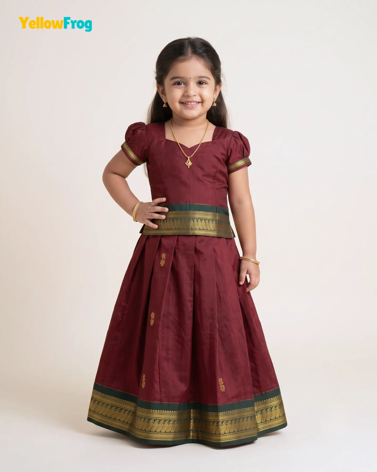 Girls Kalyani Cotton Pattu Pavadai Set - Deep Maroon Green PPP2164