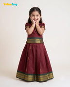Girls Kalyani Cotton Pattu Pavadai Set - Deep Maroon Green PPP2164