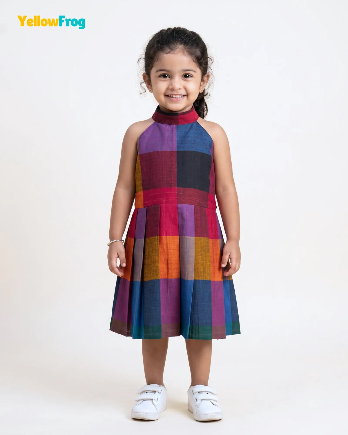 Girls Madras Check Pure Cotton Halter Dress - Multicolor Pleated Skir CF445