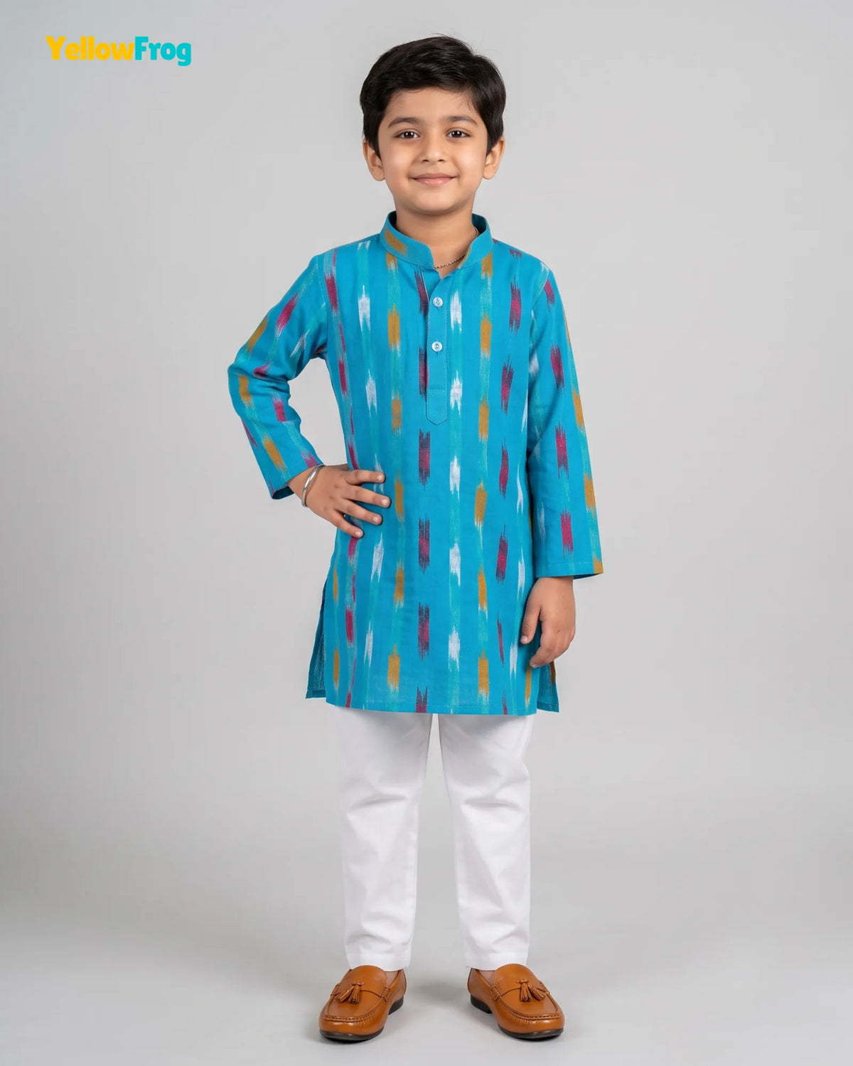 Boys Pure Cotton Ikkat Kurta Pyjama Set - Blue Ikkat KP232