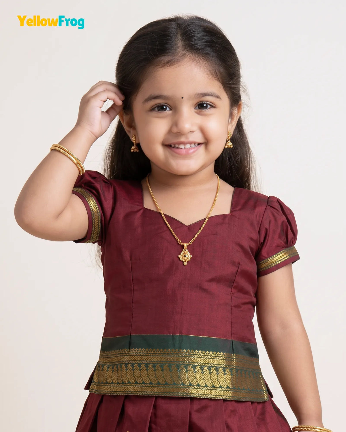Girls Kalyani Cotton Pattu Pavadai Set - Deep Maroon Green PPP2164