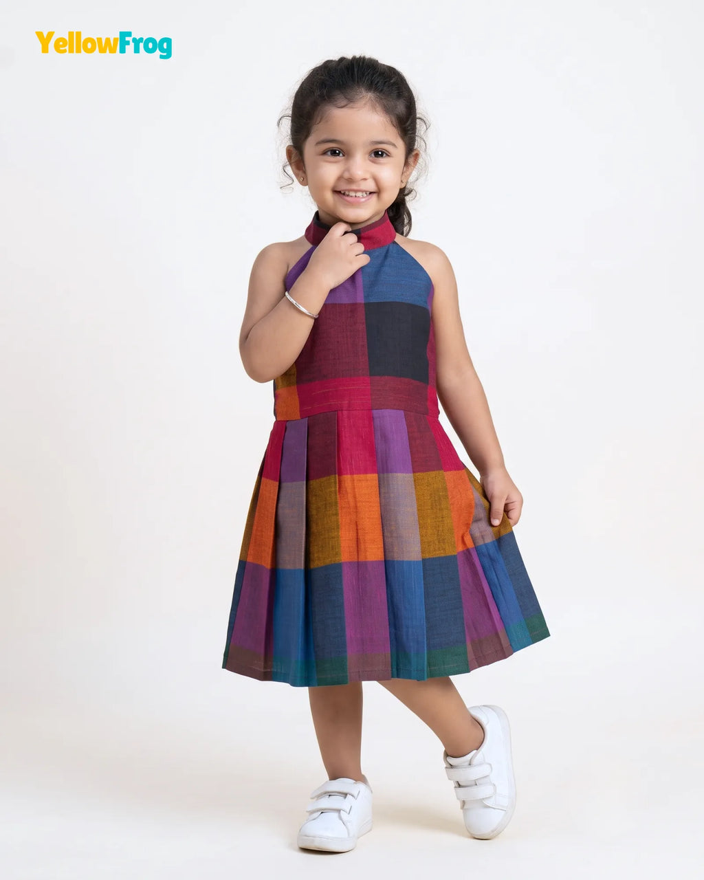 Girls Madras Check Pure Cotton Halter Dress - Multicolor Pleated Skir CF445