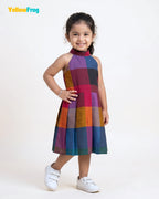 Girls Madras Check Pure Cotton Halter Dress - Multicolor Pleated Skir CF445