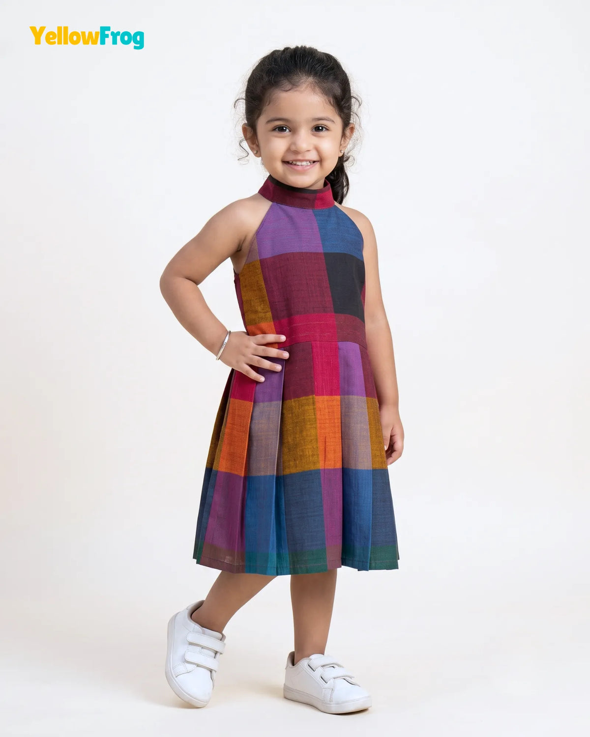 Girls Madras Check Pure Cotton Halter Dress - Multicolor Pleated Skir CF445