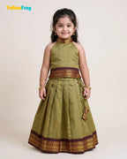 Girls Kalyani Cotton Halter Neck Pavadai Set - Olive Maroon Skirt Top PPP2167