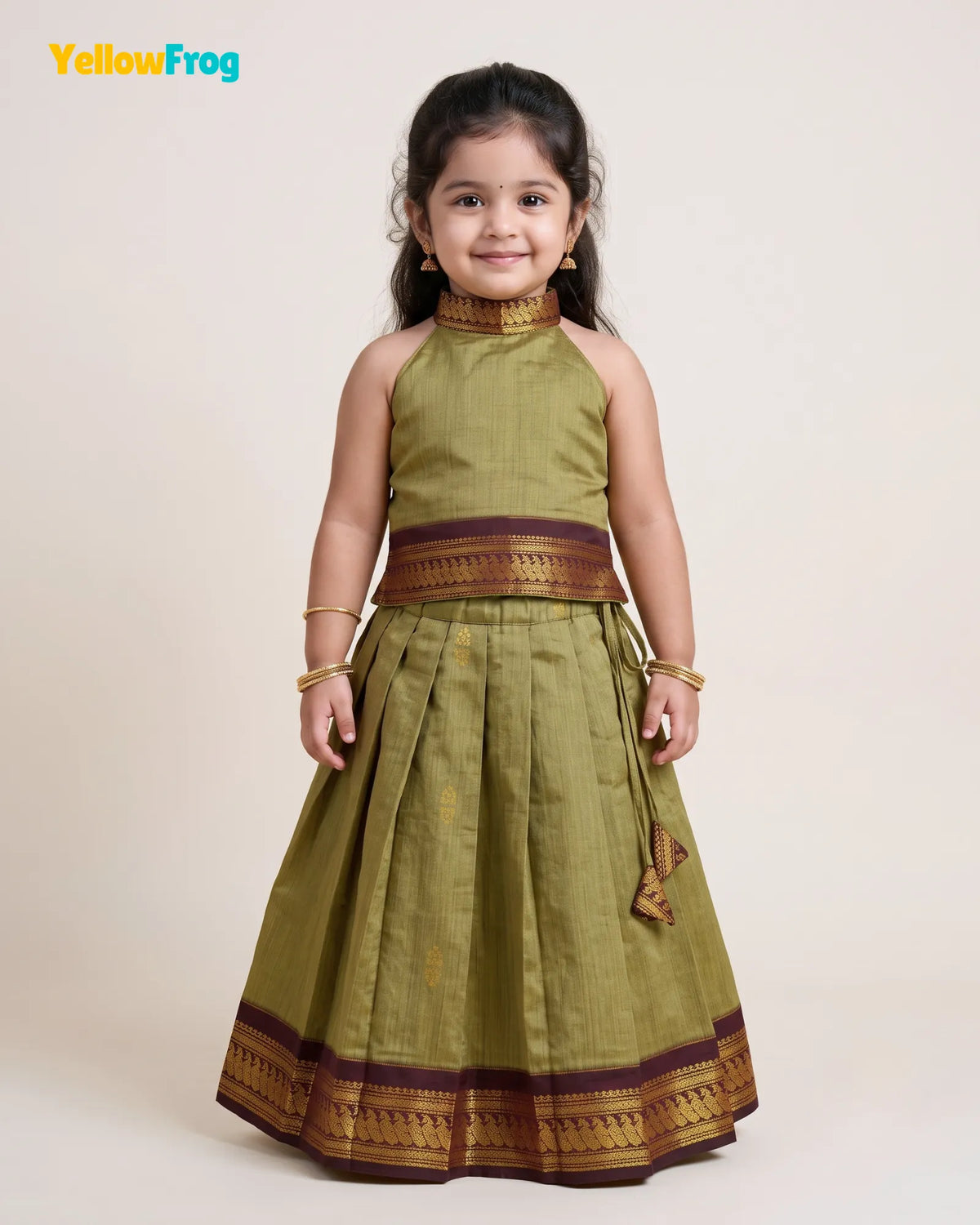 Girls Kalyani Cotton Halter Neck Pavadai Set - Olive Maroon Skirt Top PPP2167