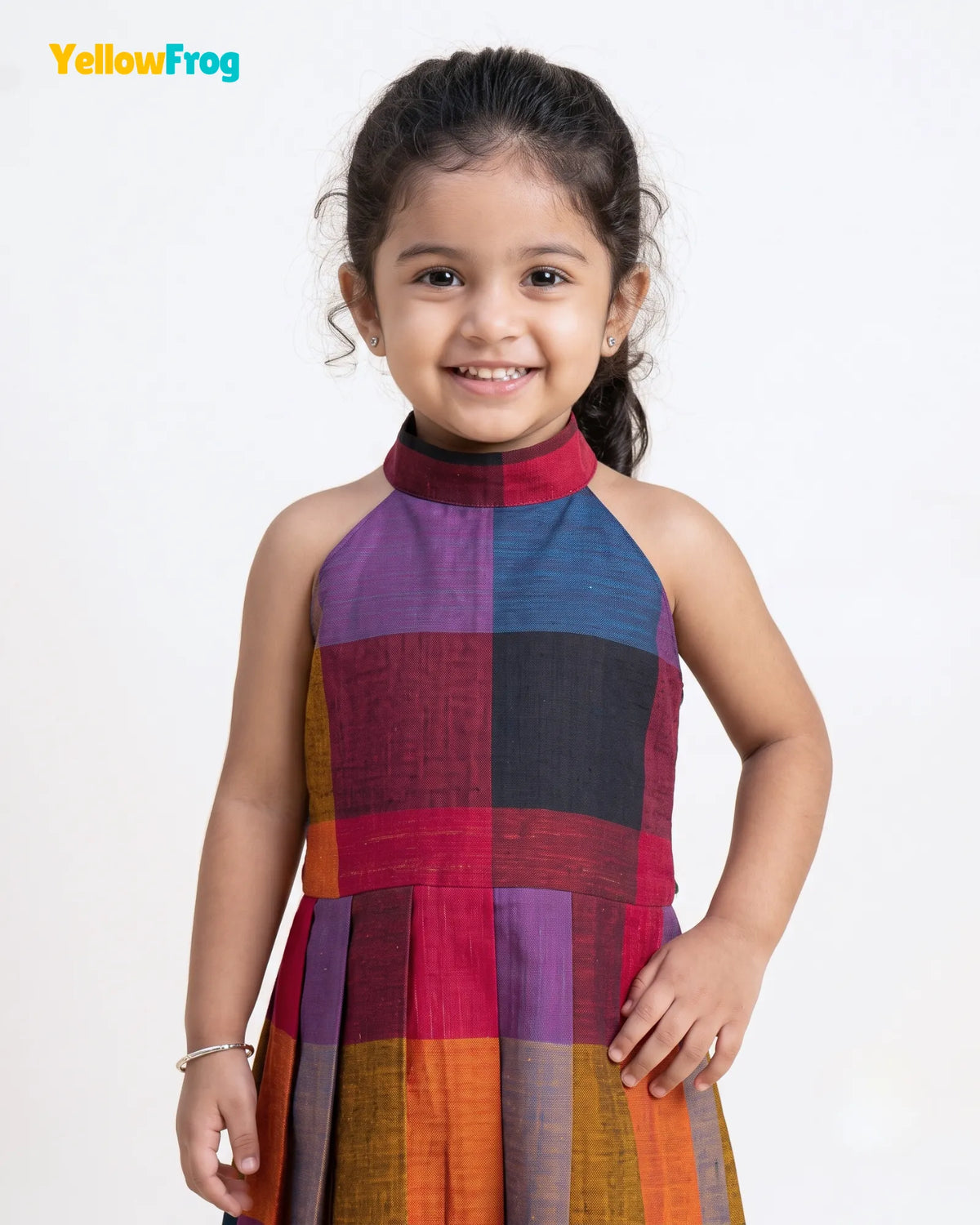 Girls Madras Check Pure Cotton Halter Dress - Multicolor Pleated Skir CF445