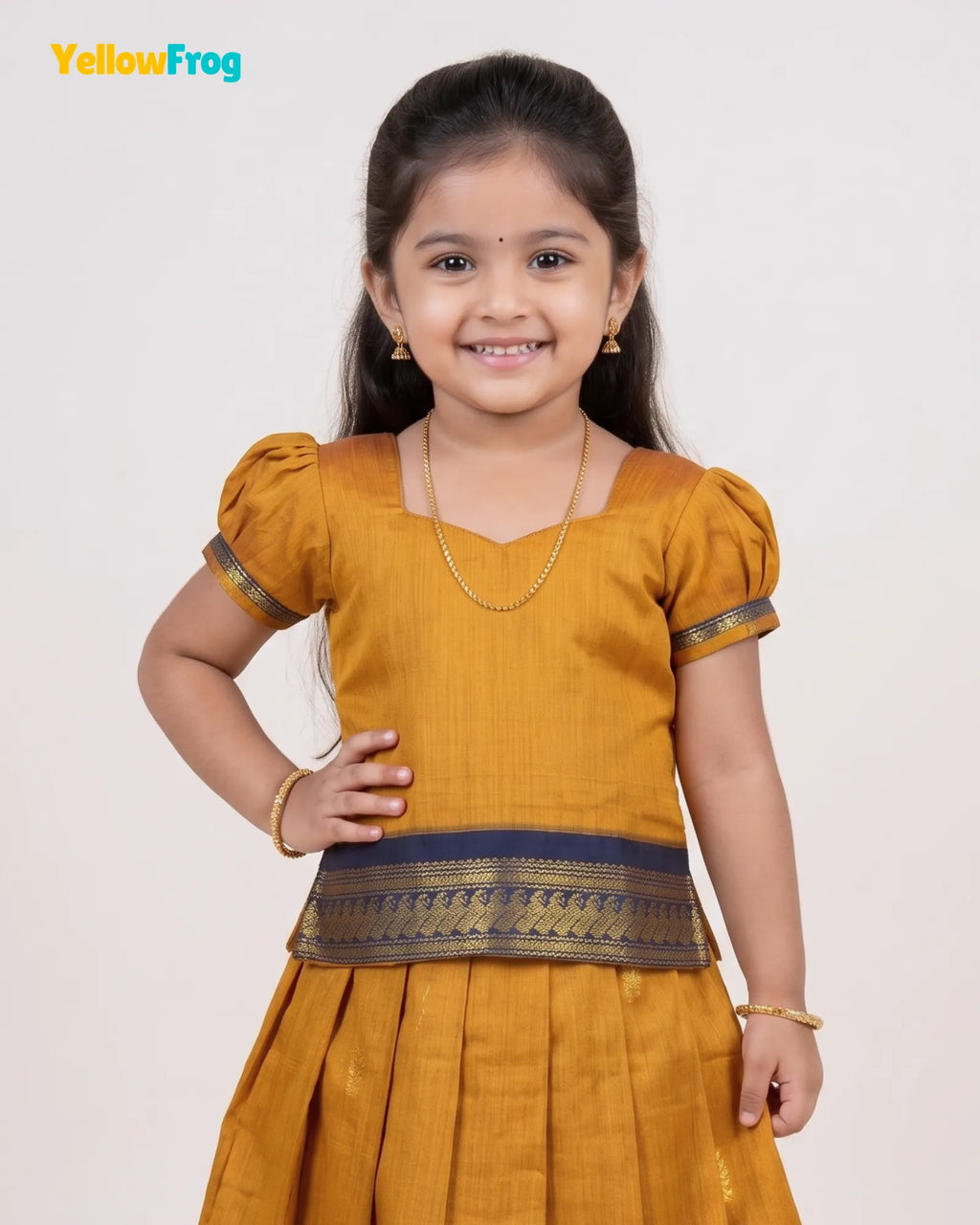 Girls Kalyani Cotton Pattu Pavadai Set - Mustard Navy Puff Sleeve Skirt Top PPP2150