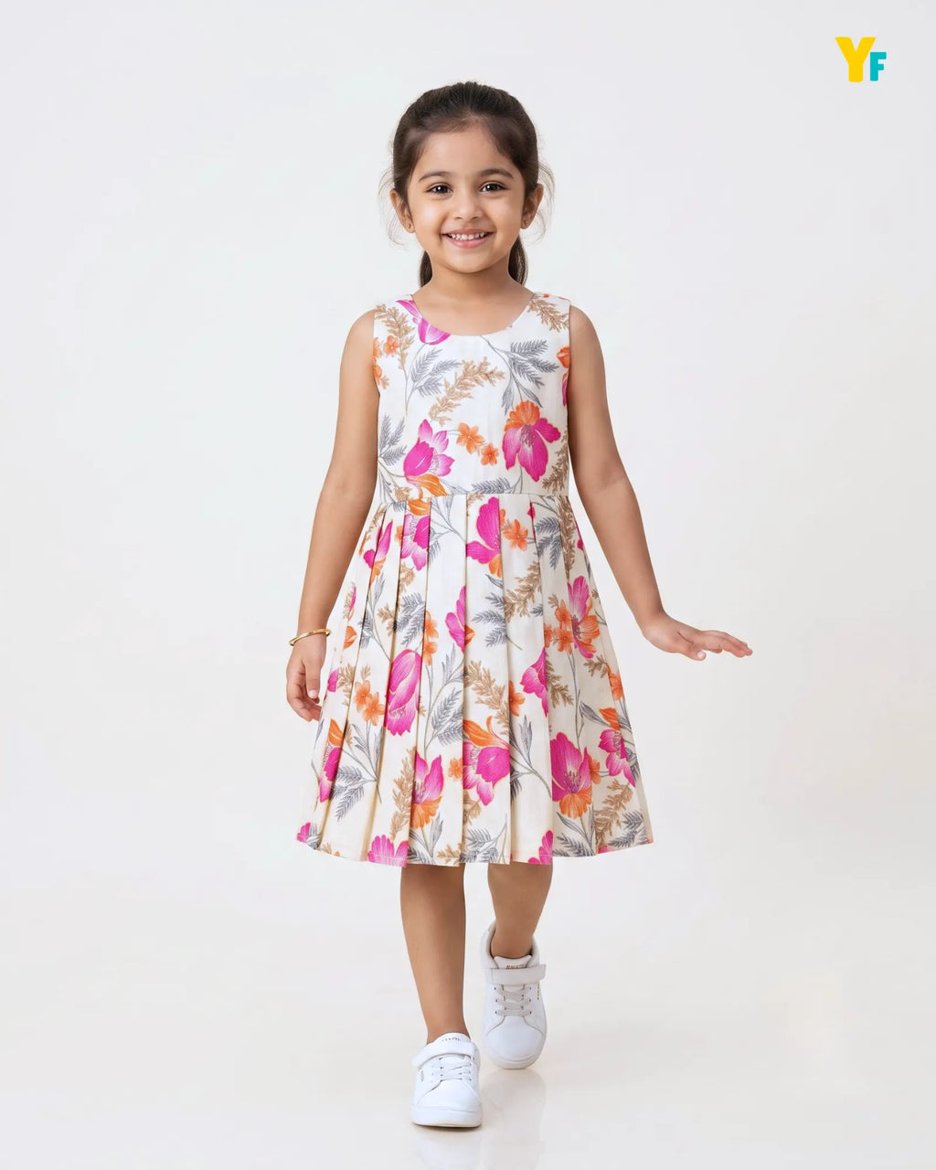 Girls Pure Cotton Sleeveless Fit & Flare Dress - Pink & Orange Floral Pleated Frock CF439