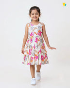 Girls Pure Cotton Sleeveless Fit & Flare Dress - Pink & Orange Floral Pleated Frock CF439