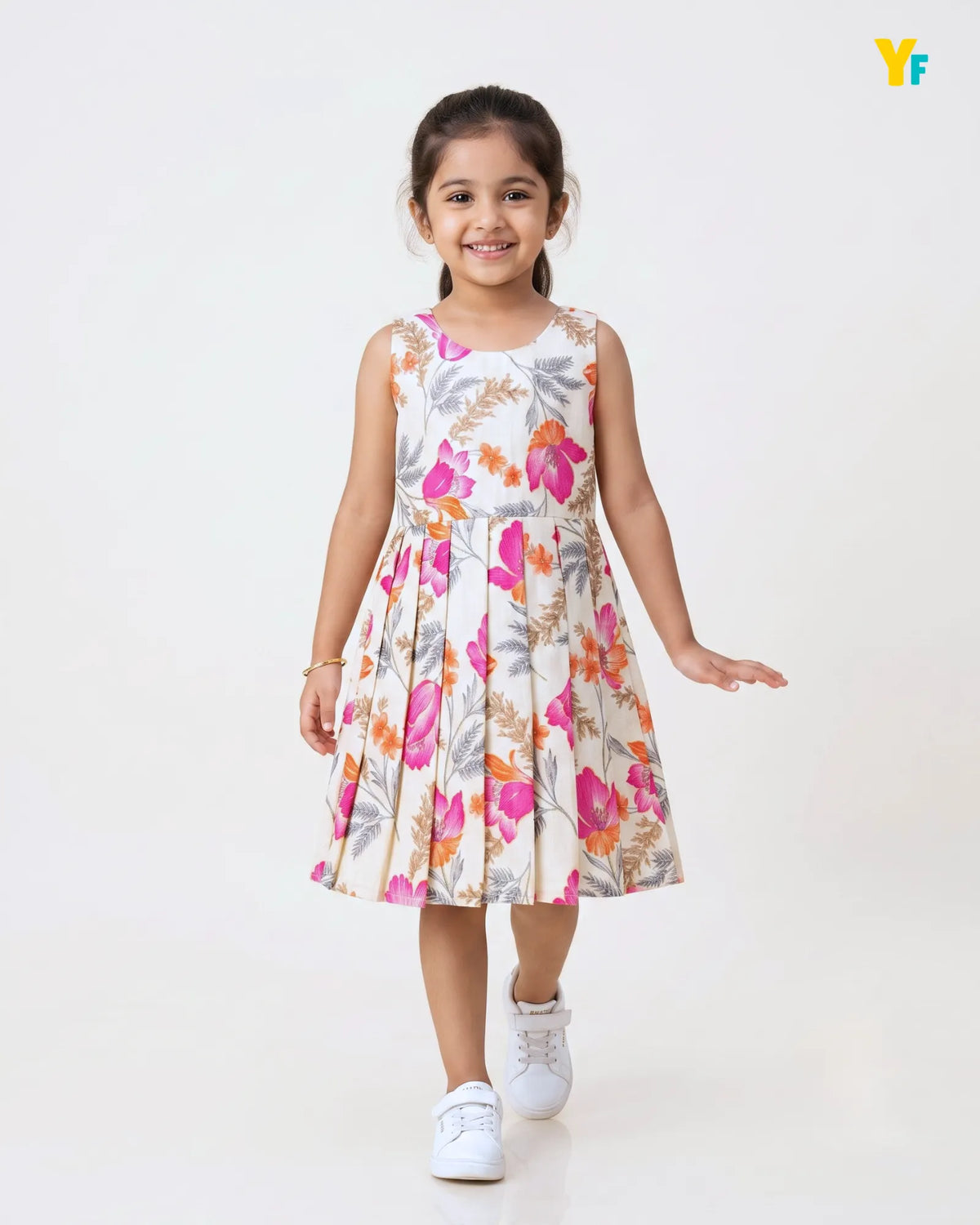 Girls Pure Cotton Sleeveless Fit & Flare Dress - Pink & Orange Floral Pleated Frock CF439
