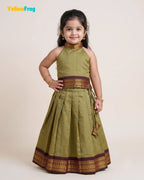 Girls Kalyani Cotton Halter Neck Pavadai Set - Olive Maroon Skirt Top PPP2167
