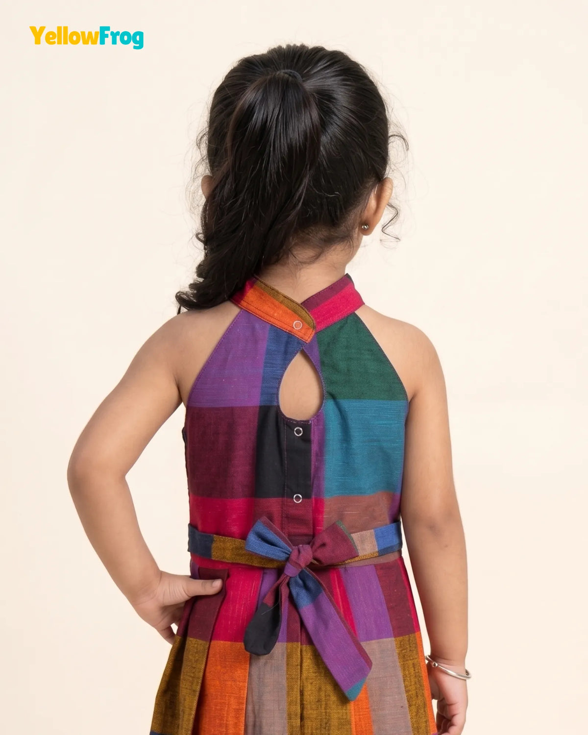 Girls Madras Check Pure Cotton Halter Dress - Multicolor Pleated Skir CF445