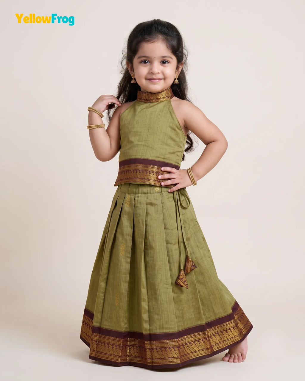 Girls Kalyani Cotton Halter Neck Pavadai Set - Olive Maroon Skirt Top PPP2167