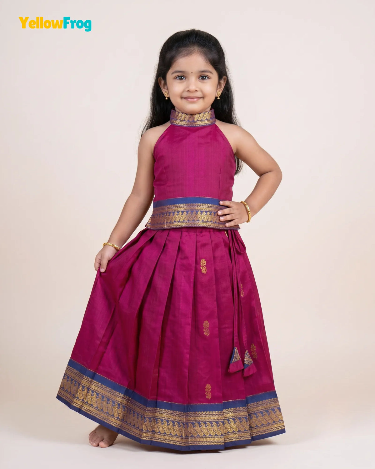 Girls Magenta Kalyani Cotton Halter Neck Pavadai Set PPP2166