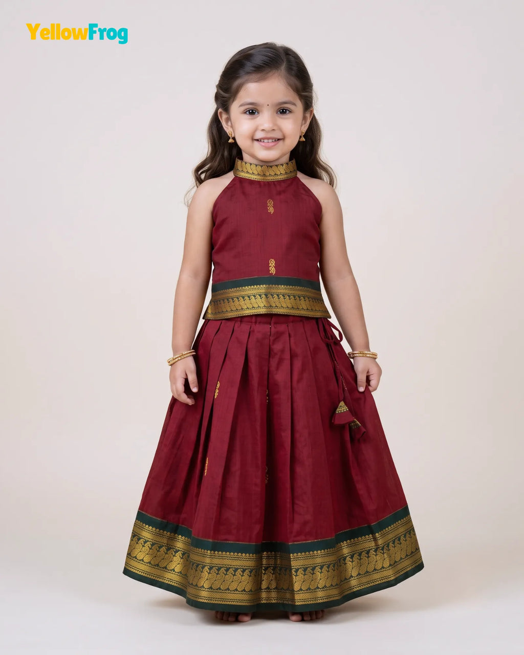 Girls Kalyani Cotton Halter Neck Pavadai Set - Maroon Green Skirt Top PPP2168