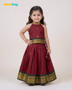 Girls Kalyani Cotton Halter Neck Pavadai Set - Maroon Green Skirt Top PPP2168