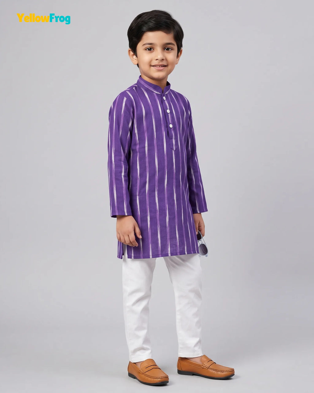 Boys Pure Cotton Ikkat Kurta Pyjama Set - Purple Striped Ikkat KP231
