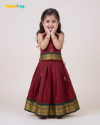 Girls Kalyani Cotton Halter Neck Pavadai Set - Maroon Green Skirt Top PPP2168