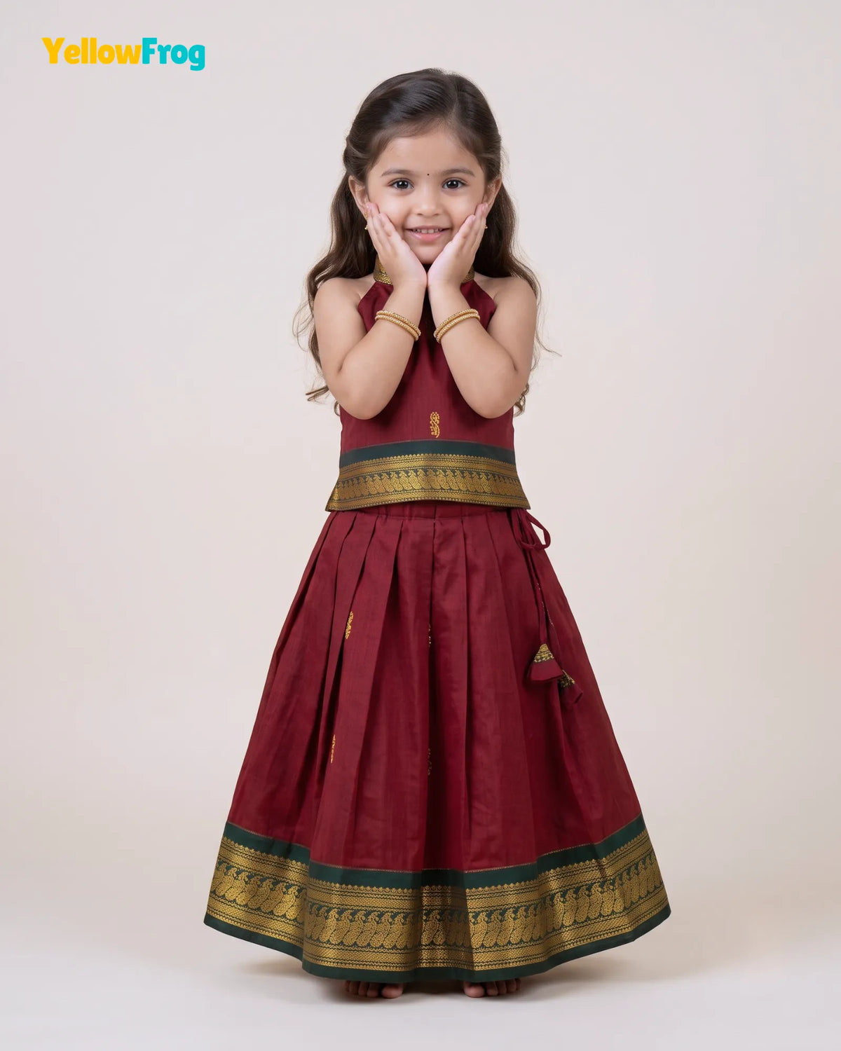 Girls Kalyani Cotton Halter Neck Pavadai Set - Maroon Green Skirt Top PPP2168