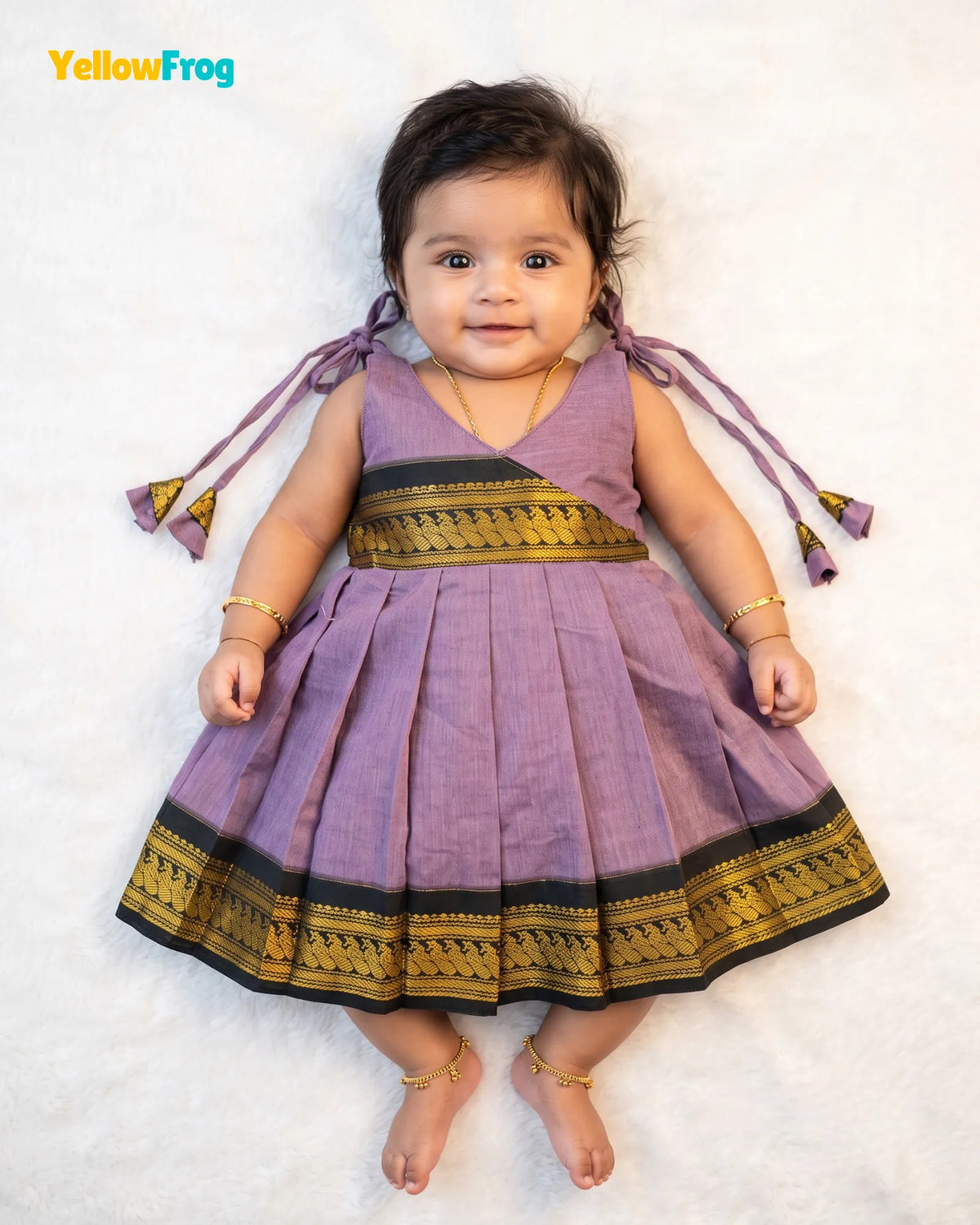 Newborn Kalyani Cotton Cotton Traditional Dress – Lilac Black Zari Frock LF2051