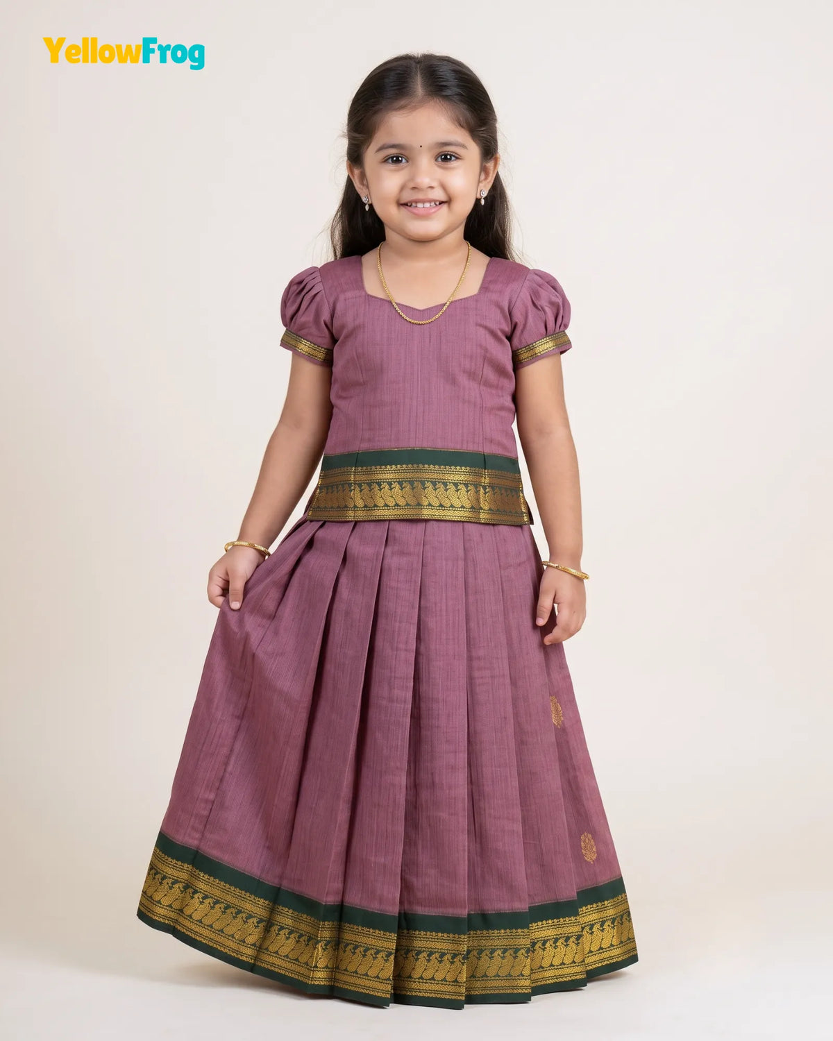 Girls Kalyani Cotton Pattu Pavadai Set - Mauve Green Puff Sleeve Skirt Top PPP2151