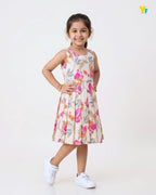 Girls Pure Cotton Sleeveless Fit & Flare Dress - Pink & Orange Floral Pleated Frock CF439